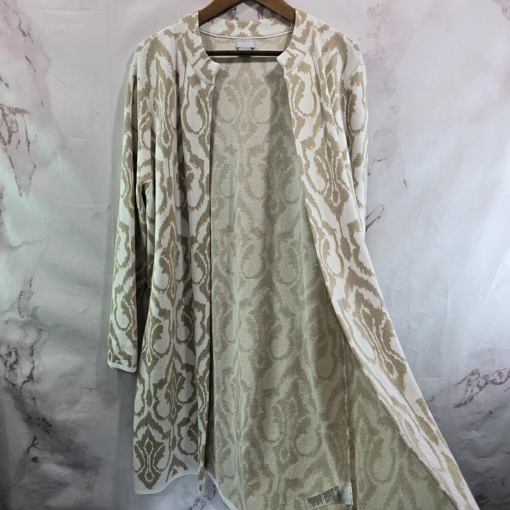 Chicos Cardigan Womens 3 XL Tan Brown White Sweater Neutral Pattern Long Topper - Picture 12 of 14